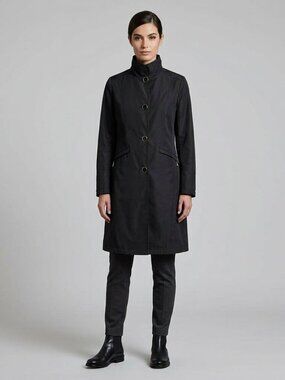 Simon Chang Sz 10 Women Black Funnel Neck Lightweight Trench Coat Striped Satin